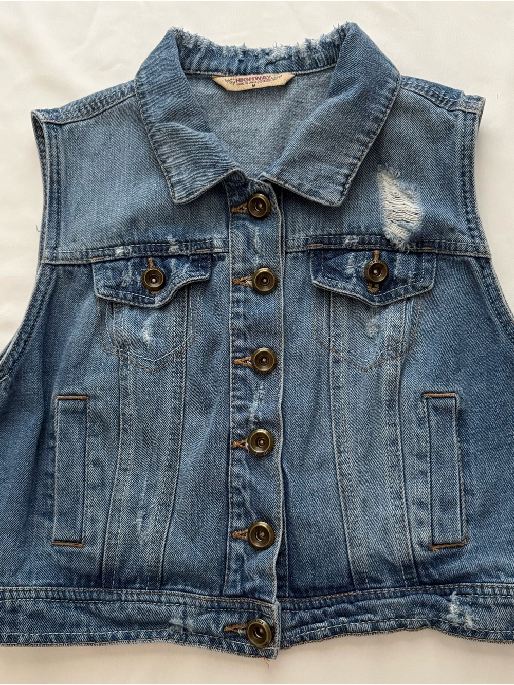 Highway Jeans Distressed Denim Vest Women’s Size M Cropped Light Wash Sleeveless